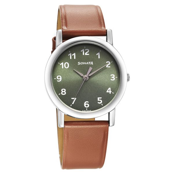 Sonata Classic Quartz Analog Green Dial Brown Leather Strap Watch for Men - image number 0