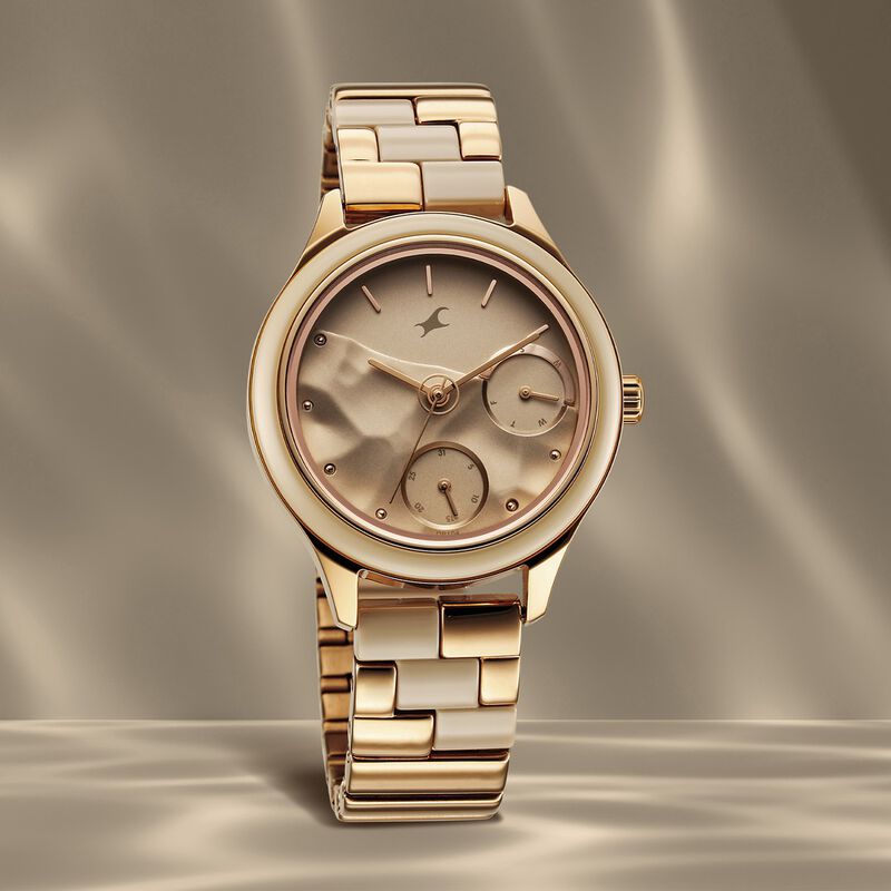 Fastrack Cerame Quartz Multifunction Beige Dial With Champagne Color Steel & Ceramic Strap Watch For Girls