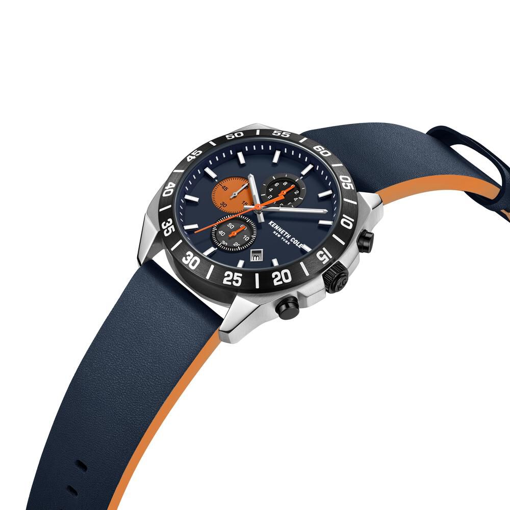 Buy Online Kenneth Cole Quartz Chronograph Blue dial Leather Strap