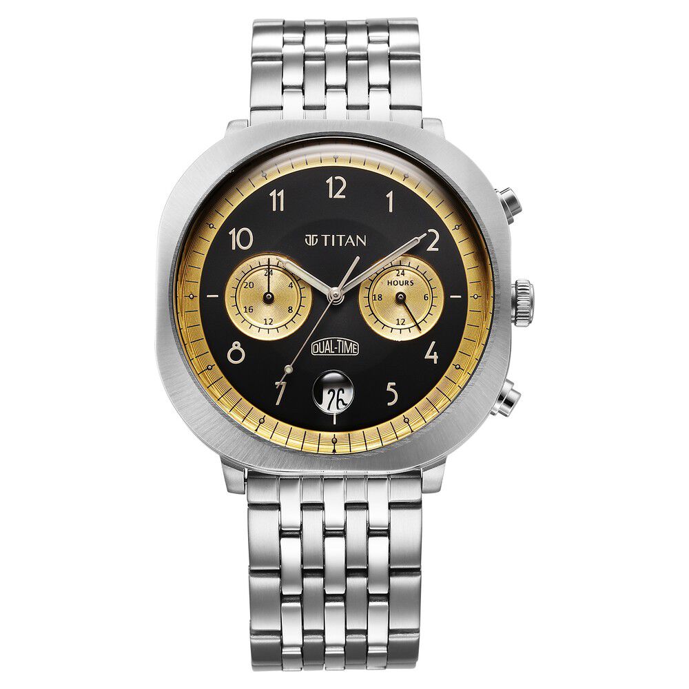 Buy Online Titan Timeless Treasures Quartz Analog Dual Time Black Dial With Silver Color Stainless Steel Strap Watch For Men 10022sm02 Titan