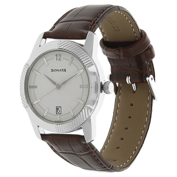 Sonata Quartz Analog Silver Dial Leather Strap Watch for Men - image number 1