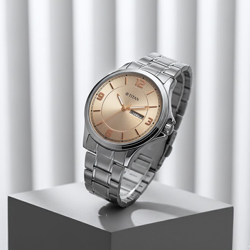 Titan Neo Arabic Analog with Day Date Beige Dial Silver Stainless Steel Strap Watch for Men