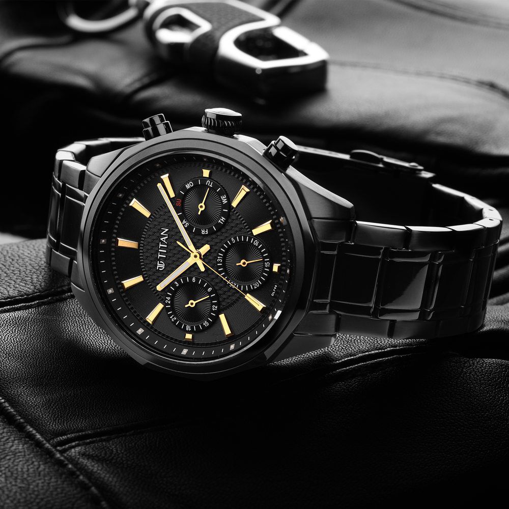 Buy Online Titan Quartz Multifunction Black Dial Stainless Steel
