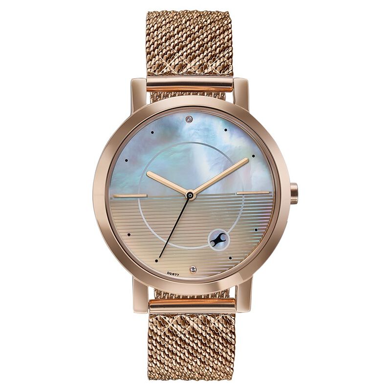 Fastrack Style Up Quartz Analog Mother Of Pearl Dial Rose Gold Stainless Steel Strap Watch For Girls