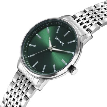 Sonata Wedding Quartz Analog Green Dial Stainless Steel Strap Watch For Men
