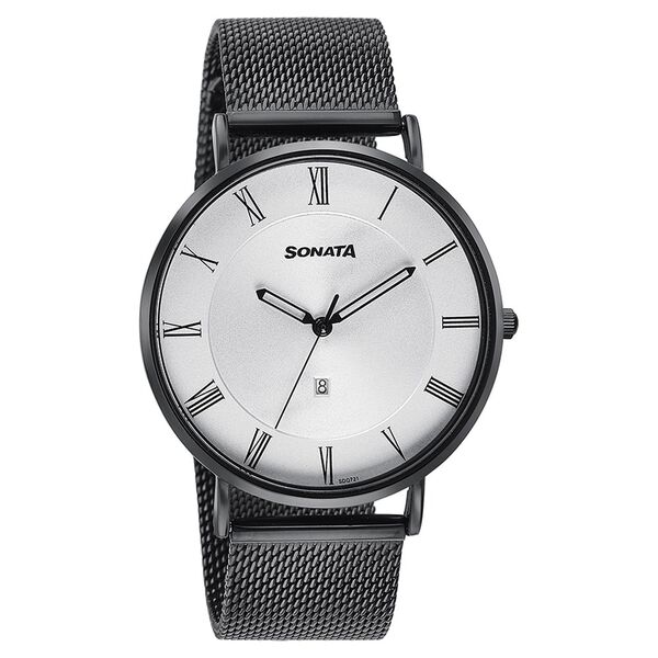 Sonata Quartz Analog with Date Silver Dial Black Stainless Steel Strap Watch For Men - image number 2
