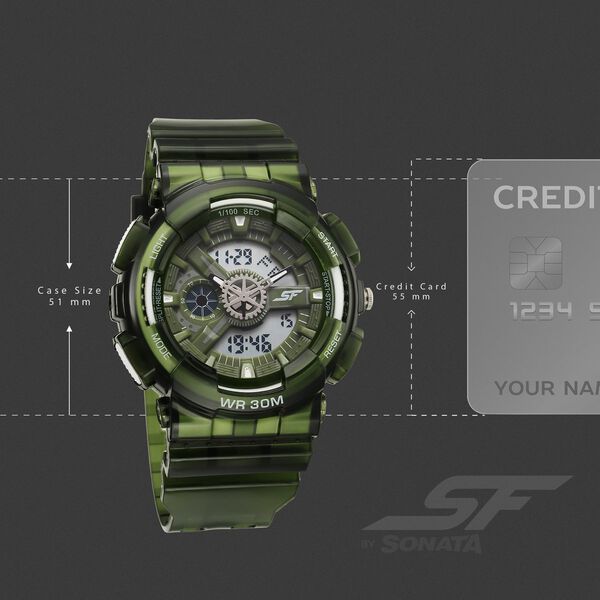 Sonata SF Spectra Quartz Digital Green Dial Translucent Green Polyether Strap Watch For Men - image number 3