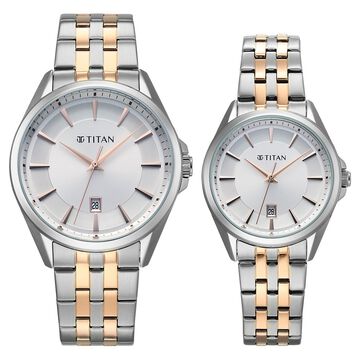 Titan Modern Bandhan Pair Analog with White Dial Dual Tone Rose Gold Stainless Steel Strap Watch for Couples