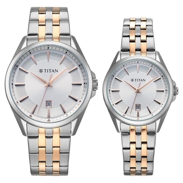 Titan Modern Bandhan Pair Analog with White Dial Dual Tone Rose Gold Stainless Steel Strap Watch for Couples - image number 0