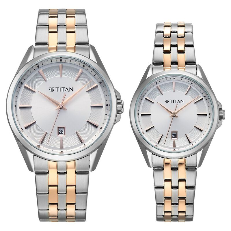 Titan Modern Bandhan Pair Analog with White Dial Dual Tone Rose Gold Stainless Steel Strap Watch for Couples