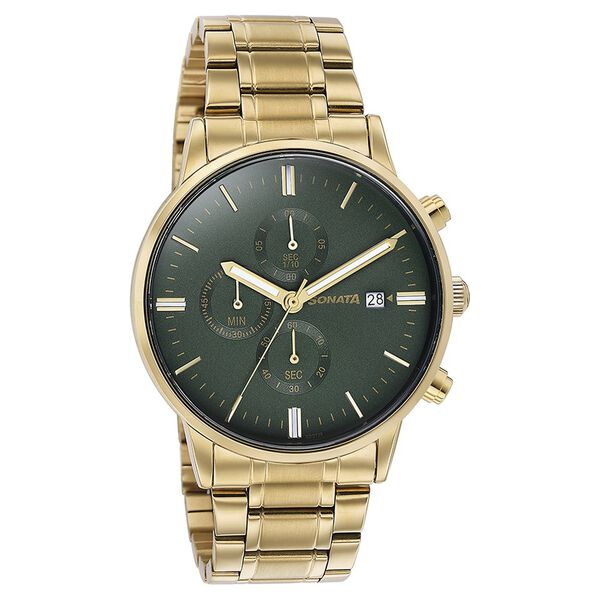 Sonata Quartz Multifunction Green Dial Golden Stainless Steel Strap Watch For Men - image number 2