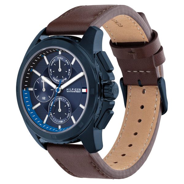 Tommy Hilfiger Multifunction Blue Dial Brown Leather Strap Watch for Men - image number 1
