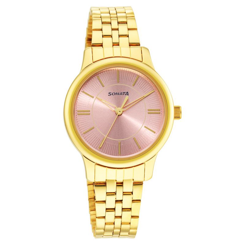 Sonata Classic Gold Pink Dial Metal Strap Watch for Women