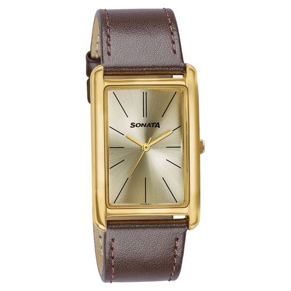 Sonata Ascent Gold Rectangular Watch with Brown Leather - image number 1