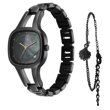 Fastrack Pulse Quartz Analog Mother Of Pearl Dial Black Metal Strap Watch For Girls