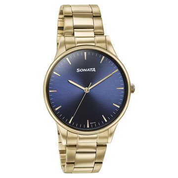 Sonata Quartz Analog Blue Dial Golden Stainless Steel Strap Watch For Men
