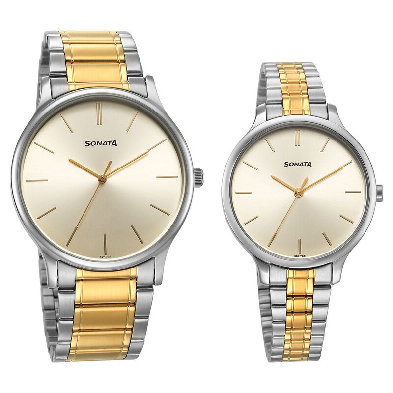 Sonata Pair Quartz Analog Champagne Dial Stainless Steel Strap Watch for Couple