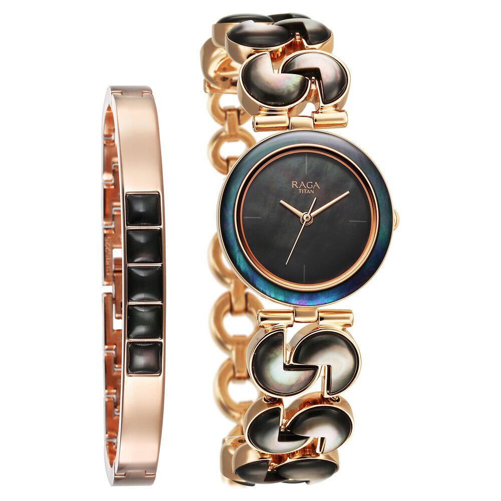 Buy Online Titan Raga Black Pearl Quartz Analog Mother Of Pearl Dial Metal Strap Watch For Women 95233wm02f p Titan