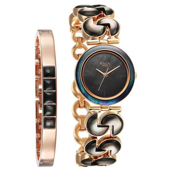 Titan Raga Black Pearl Quartz Analog Mother Of Pearl Dial Metal Strap Watch For Women - image number 0