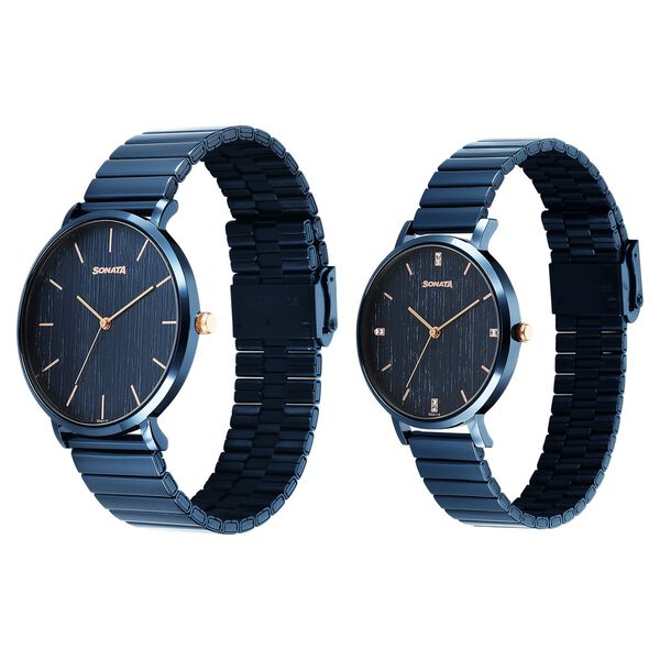 Sonata Soulmate Quartz Analog Blue Dial Blue Stainless Steel Strap Watch For Couple - image number 4