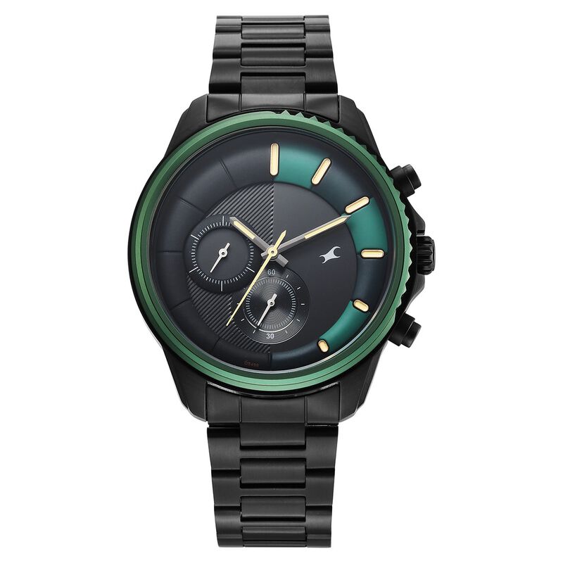 Fastrack Wild Quartz Chronograph Two Toned Dial Black Stainless Steel Strap Watch For Guys