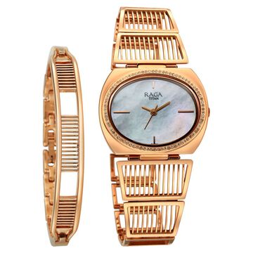 Titan Raga Ethereal Quartz Analog Mother of Pearl Dial Rose Gold Metal Strap Watch For Women