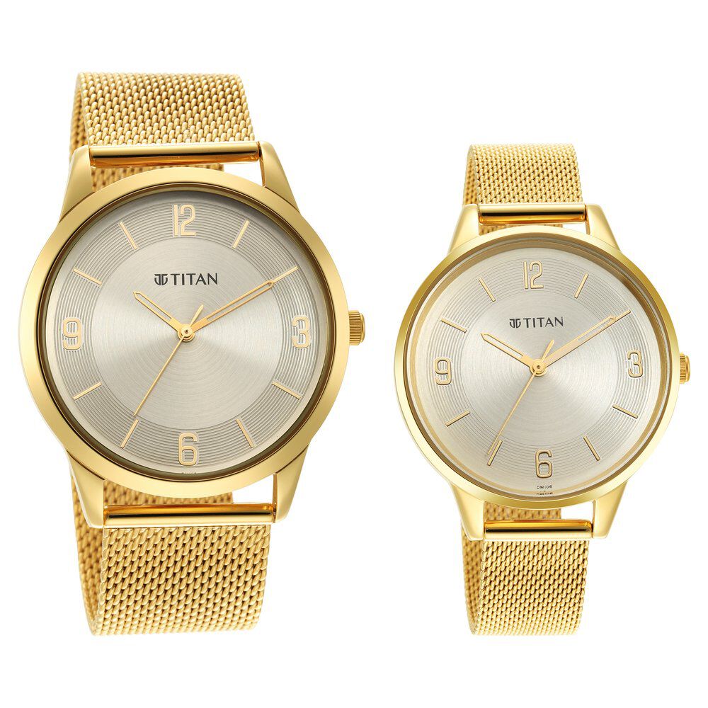 Buy Online Titan Bandhan Champagne Dial Analog Stainless Steel Strap watch for Couple ns18062648ym01p Titan