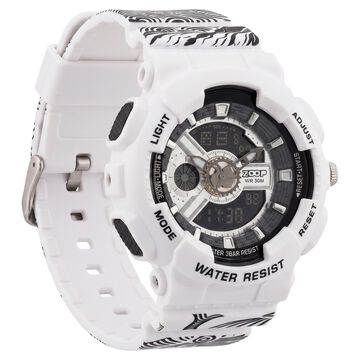 Zoop Samurai Quartz Digital Watch For Boys With Silver Dial White Polyether Strap From House Of Titan