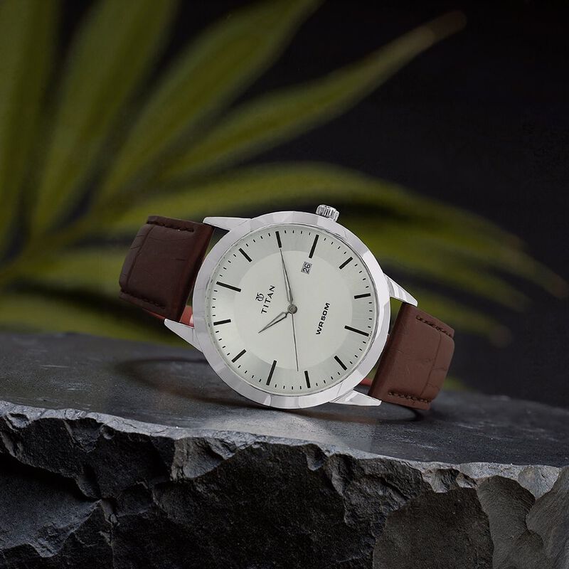 Titan Classic Silver Dial Analog with Date Leather Strap watch for Men