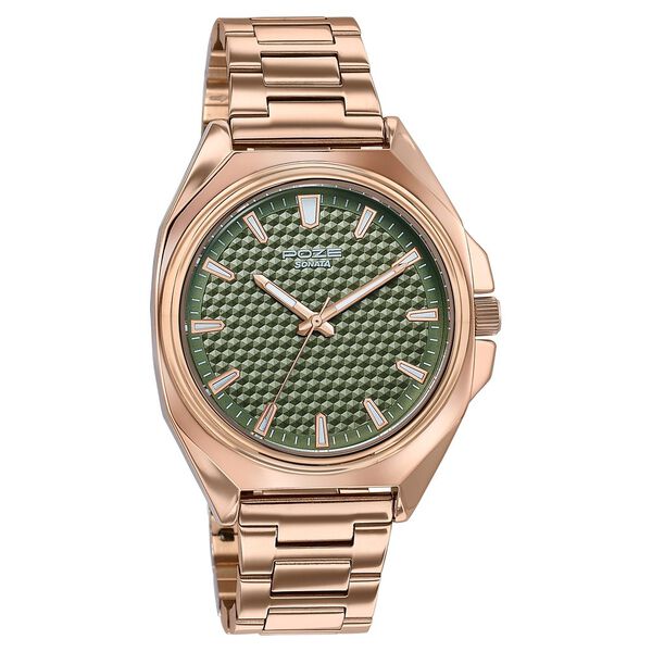 Poze By Sonata Quartz Analog Green Dial Rose Gold Metal Strap Watch For Men - image number 2