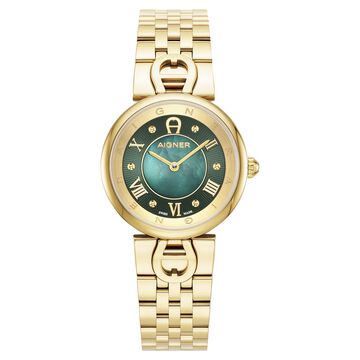 Aigner Quartz Analog Green Dial Golden Stainless Steel Strap Watch For Women
