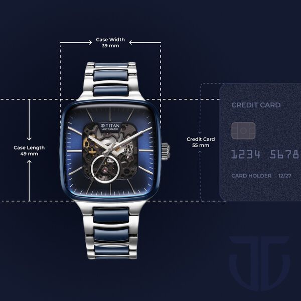 Titan Ceramic Fusion Automatic Square Blue Dial Rose Gold Dual-Toned Stainless Steel Bracelet Watch for Men - image number 2
