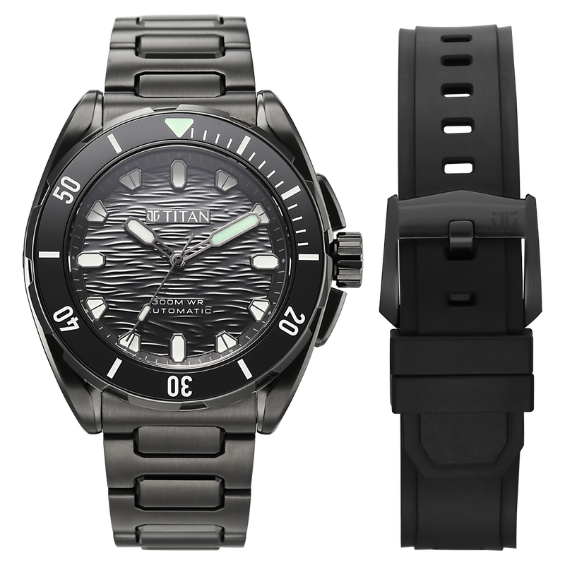 Titan Zero Hour Diver's 300m Automatic Analog with Black Dial Black Stainless Steel & Black FKM Strap Watch for Men