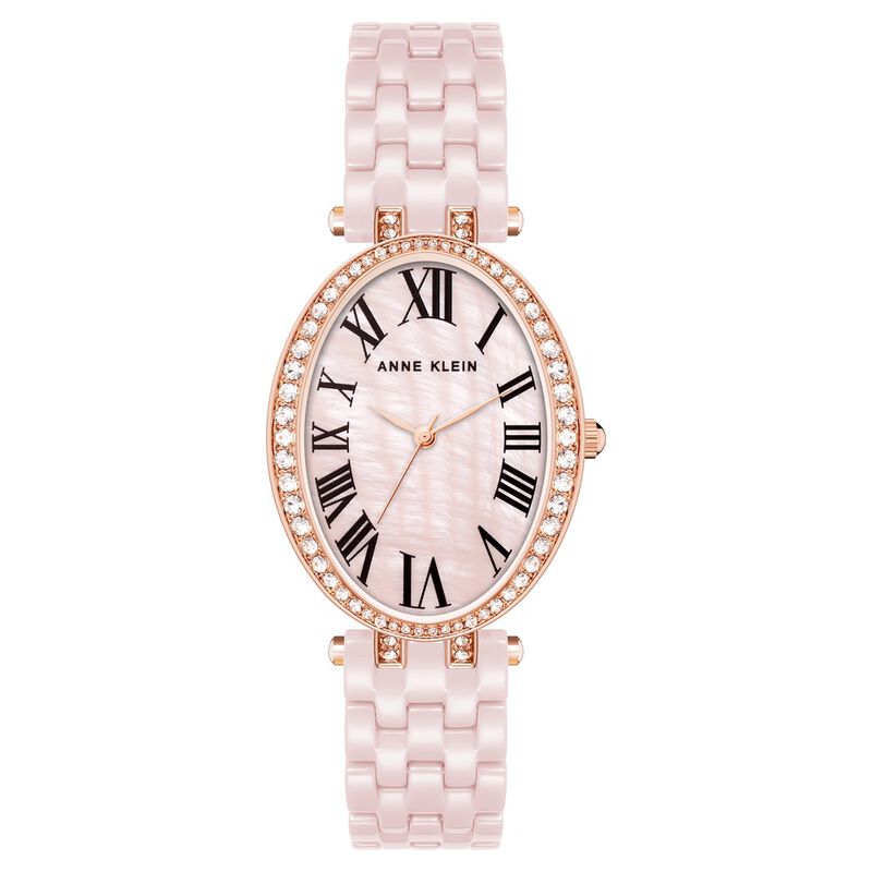 Anne Klein Quartz Analog Pink Dial Pink & Rose Gold Ceramic Strap Oval Shaped Watch For Women