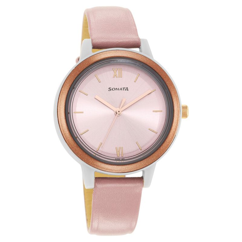 Sonata Pop Pink Dial Women Watch With Leather Strap - image number 0