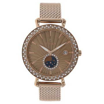 Titan Quartz Analog Moonphase Rose Gold Dial Stainless Steel Strap Watch for Women