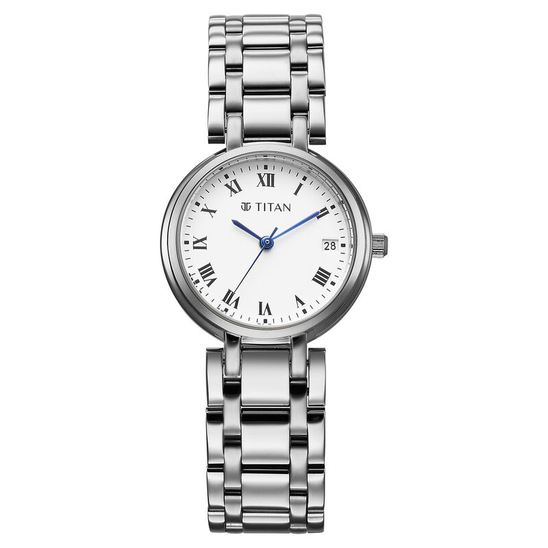 Titan Eminence Workwear Quartz Analog White Dial Silver Metal Strap Watch For Women