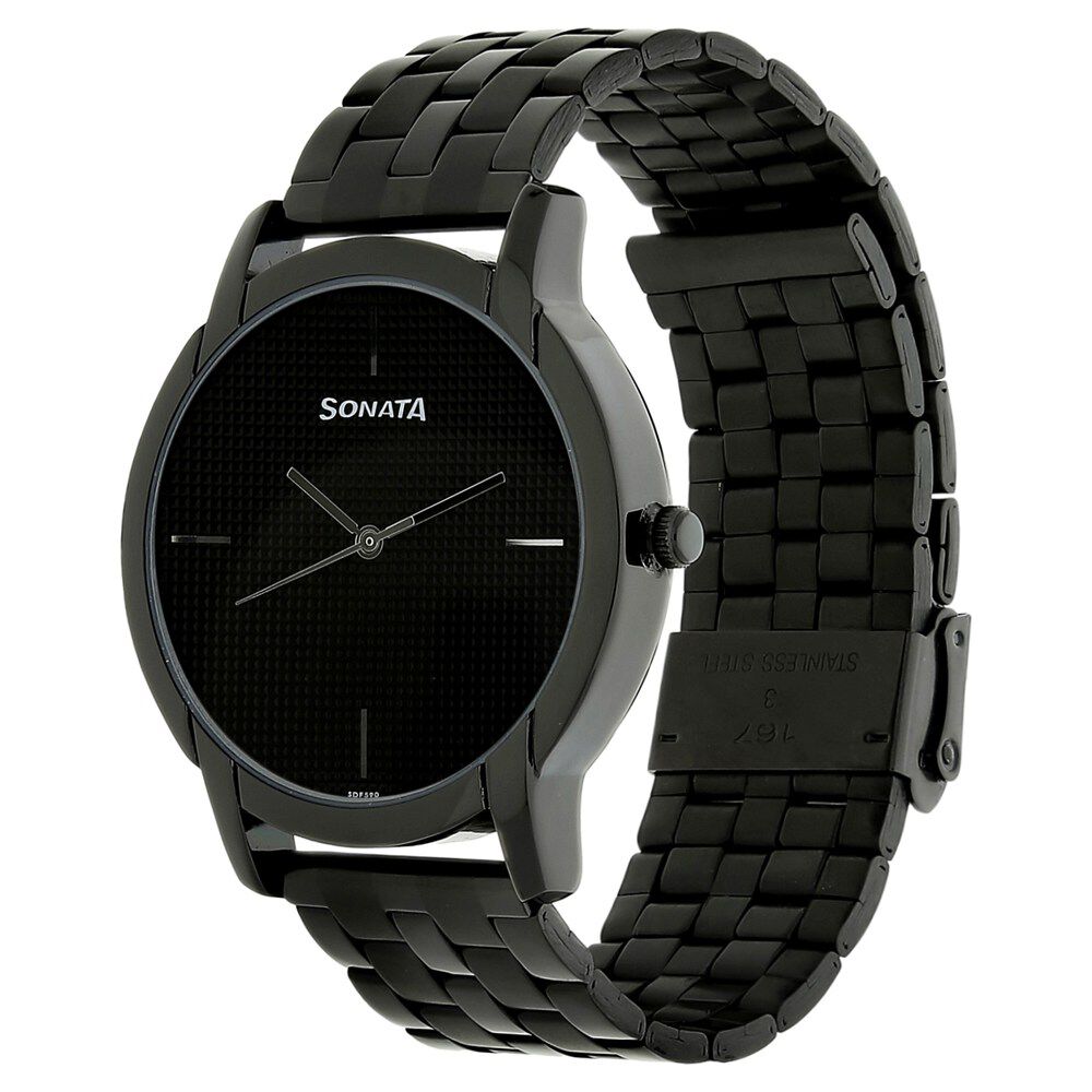 Buy Online Sonata Quartz Analog Black Dial Stainless Steel Strap Watch for Men nm77031nm02 Titan