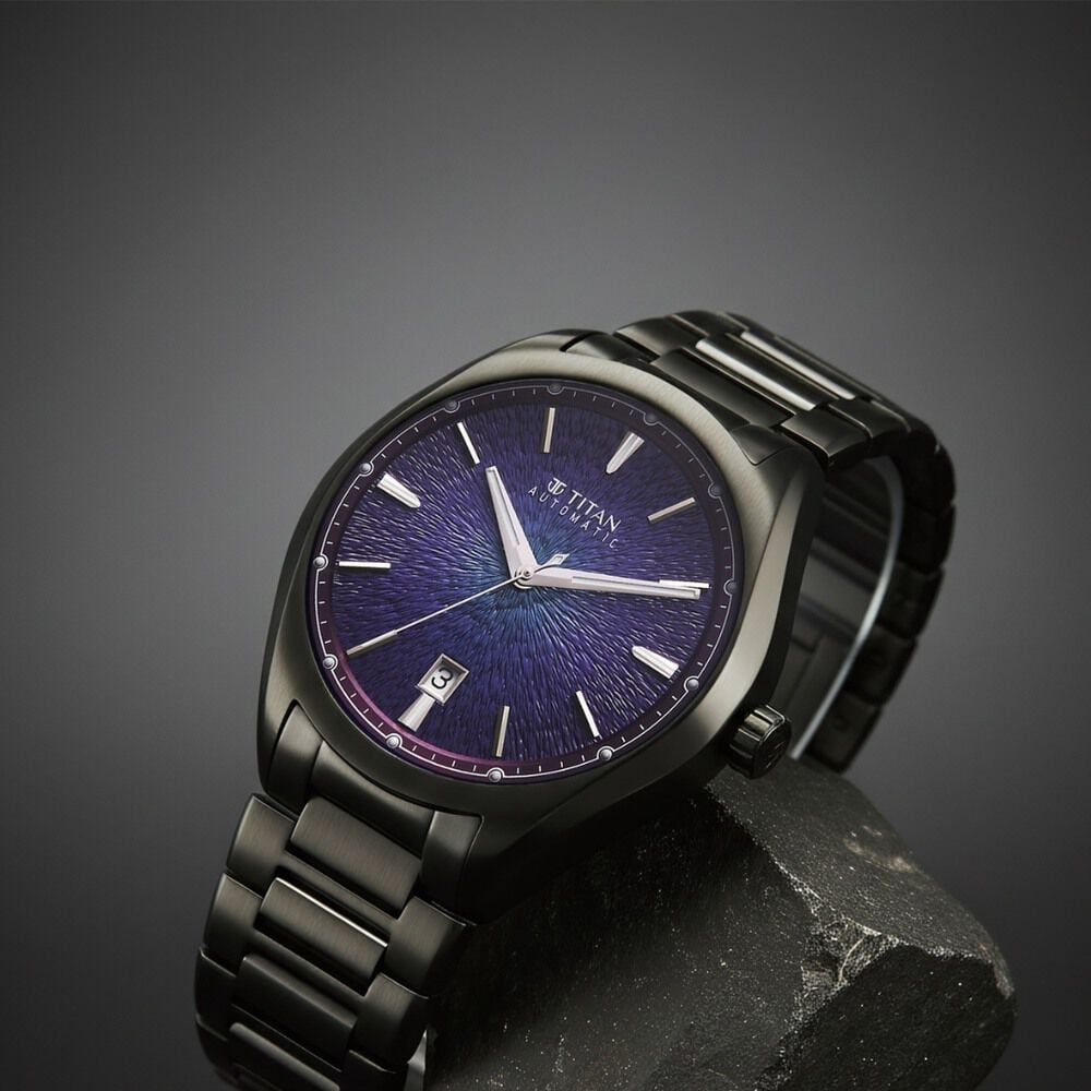 Titan Stellar Starlight Analog with Concealed Automatic and Violet Dial Dark Gun Stainless Steel Strap Watch for Men-image-16
