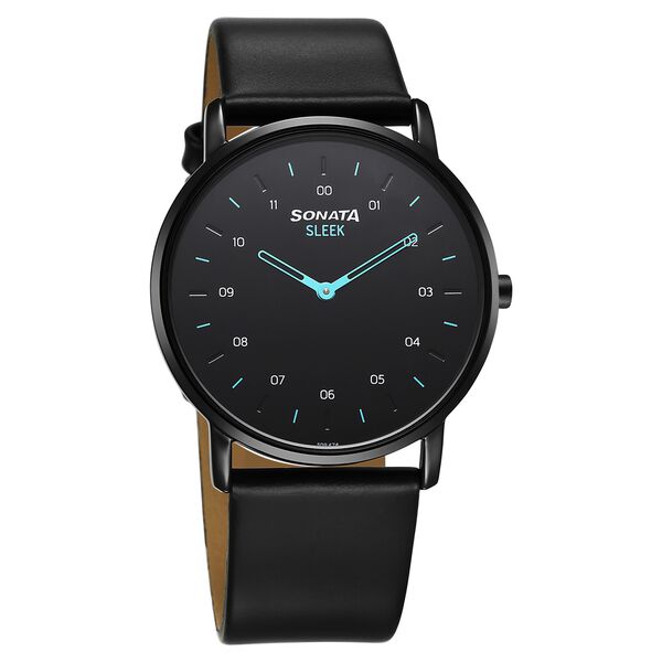 Sonata Sleek Quartz Analog Black Dial Black Leather Strap Watch For Men - image number 0