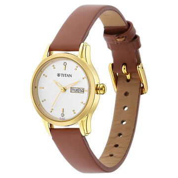 Titan Lagan White Dial Analog with Day and Date Leather Strap Watch for Women - 25 mm Dial Size - Small Dial