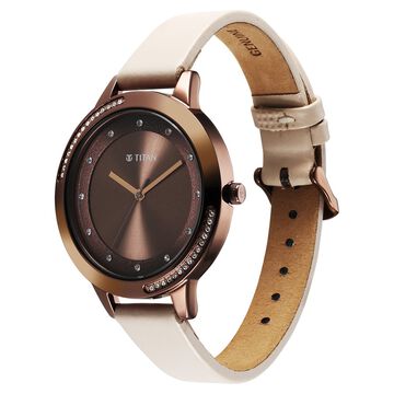 Titan Razzle Dazzle Quartz Analog Brown Dial Leather Strap Watch For Women