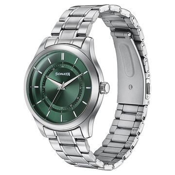 Sonata Quartz Analog Green Dial Silver Stainless Steel Strap Watch For Men