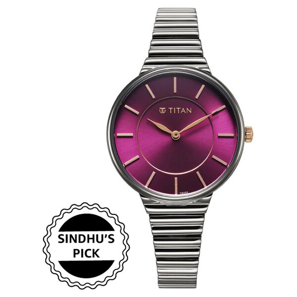 Titan Aura Quartz Analog Purple Dial Stainless Steel Strap Watch for Women - image number 0
