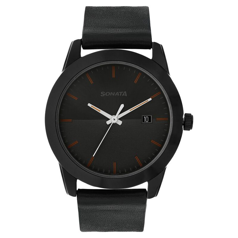 Sonata Quartz Analog with Date Anthracite Dial Leather Strap Watch for Men
