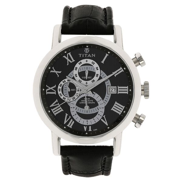 Buy Online Titan Quartz Chronograph Black Dial Leather Strap Watch