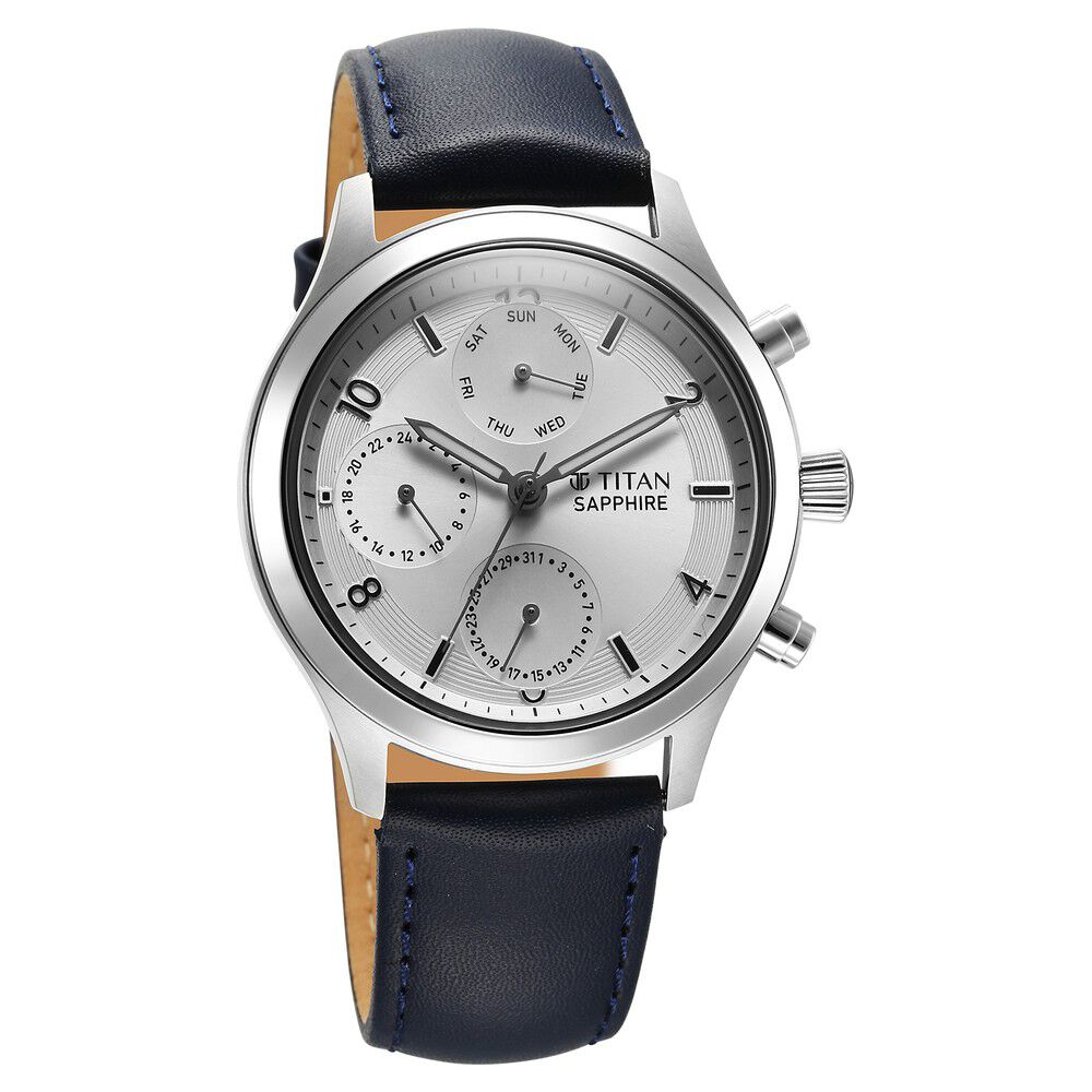 Buy Online Titan Sapphire Quartz Multifunction Silver Dial Leather Strap Watch for Men 1874sl04 Titan