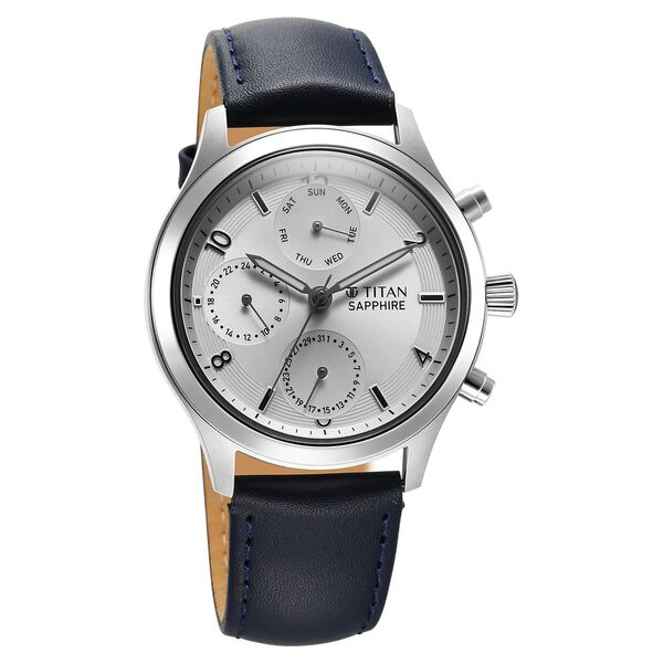Titan Sapphire Quartz Multifunction Silver Dial Leather Strap Watch for Men - image number 1