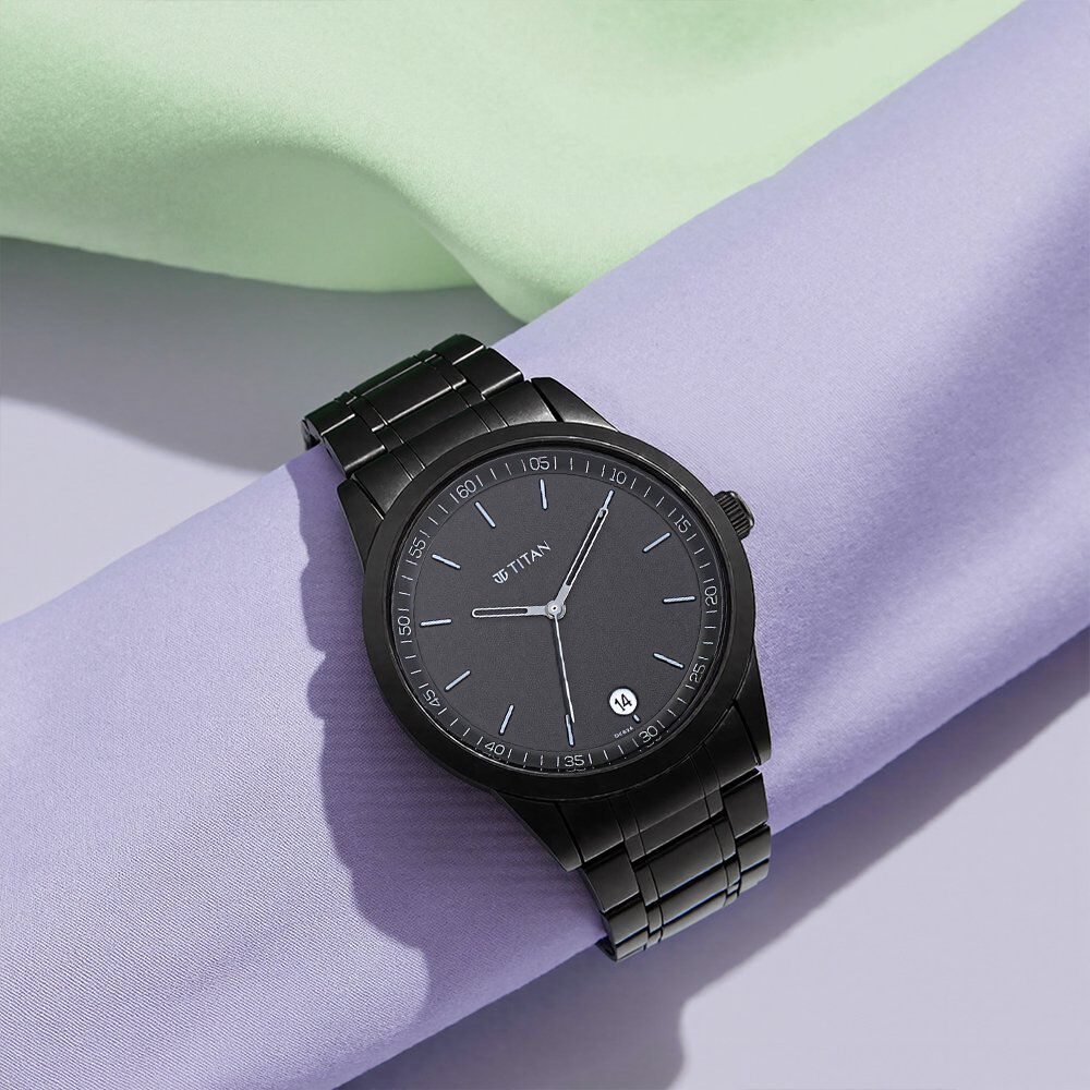 Titan Minimals Quartz Analog with Date Black Dial Black Metal Strap Watch For Men