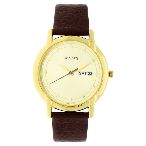Sonata Quartz Analog with Day and Date Champagne Dial Leather Strap Watch for Men - image number 0